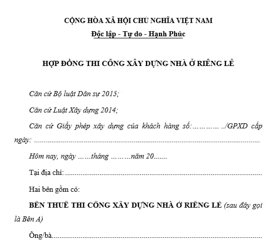 mẫu hợp đồng xây dựng nhà ở